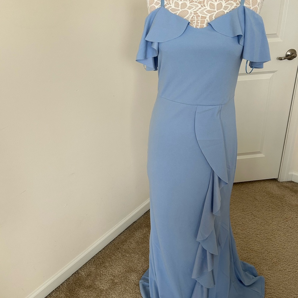 Blue Ruffled Tiered Cold Shoulder Maxi Dress